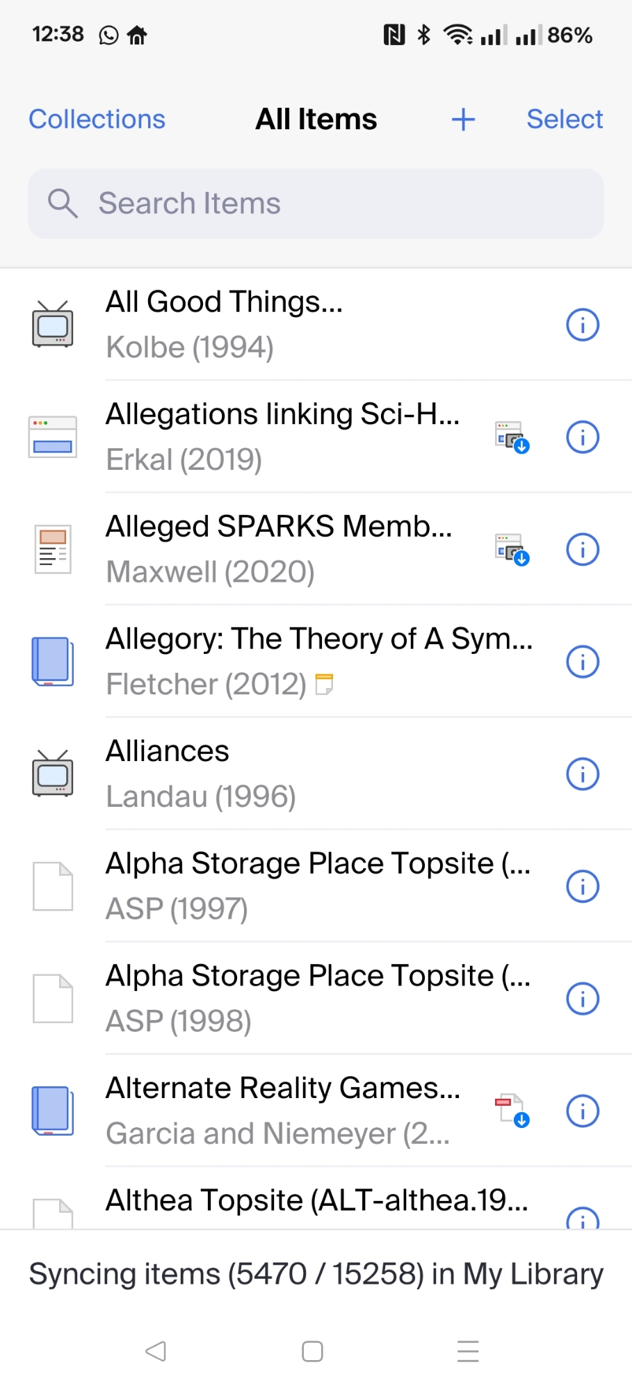 A screenshot of Zotero running on Android showing a list of library items