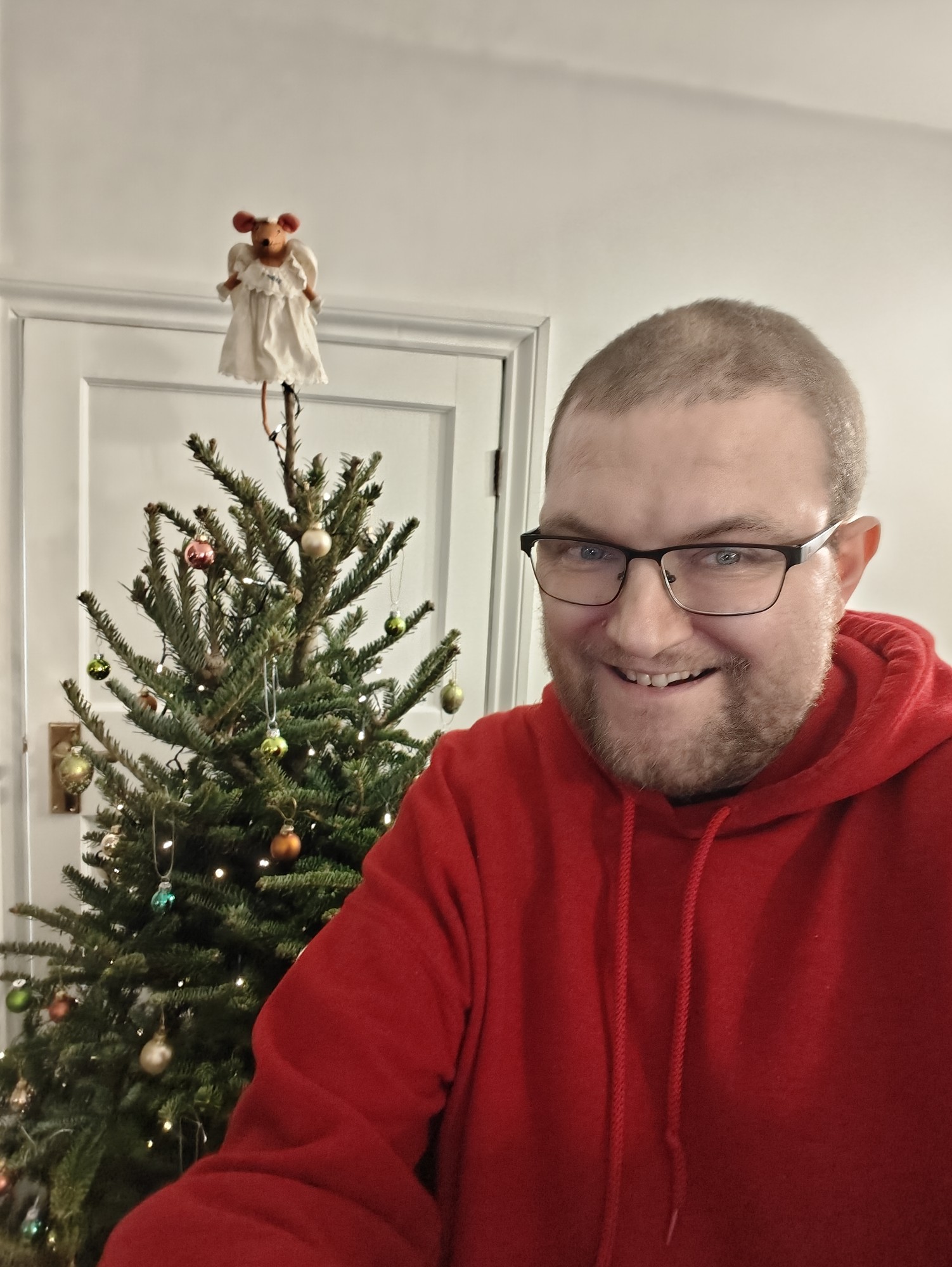 A picture of me wearing a red hoodie with a Christmas tree in the background, with a mouse fairy decoration on top. 