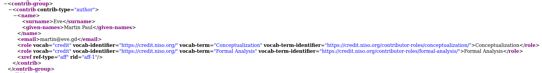 An XML snippet showing two CRediT taxonomy roles being displayed in a JATS document
