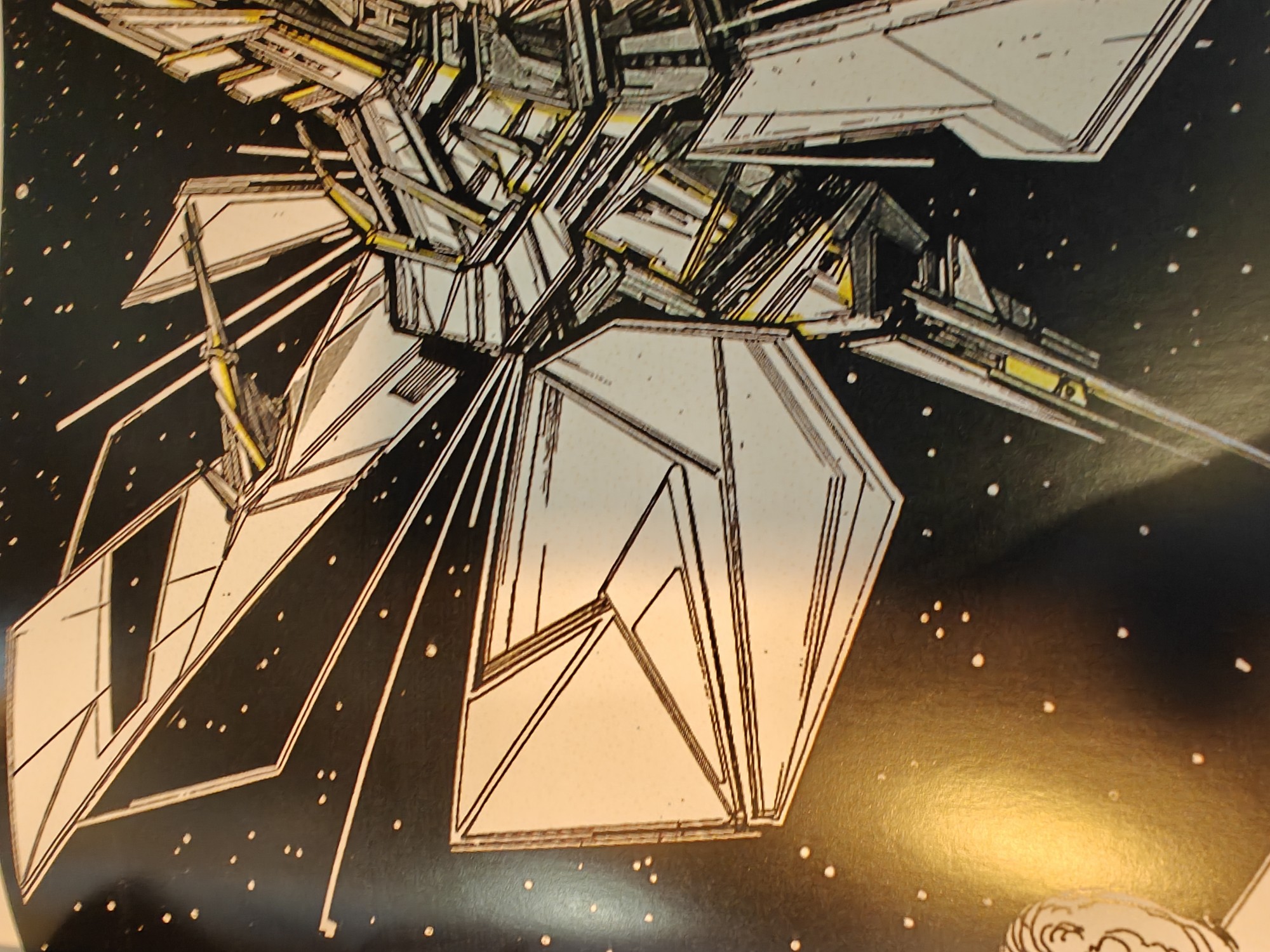 An early art department image/drawing of the Caretaker array - it shows a large space station with acutely angled sails 