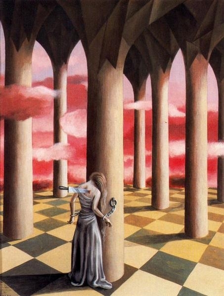 A painting of a woman among arched pillars, one of which she is chained to. There is a large knife in her back.
