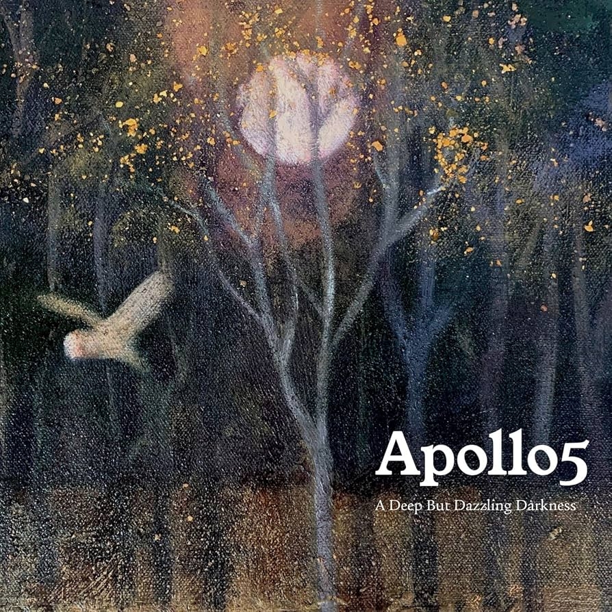 The album cover of A Deep But Dazzling Darkness by Apollo 5. It features a painting of  wood with an owl flying through and the moon in the background. 