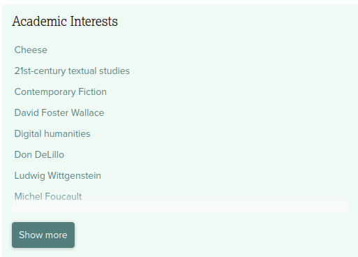 A list of "academic interests" that starts with "Cheese"