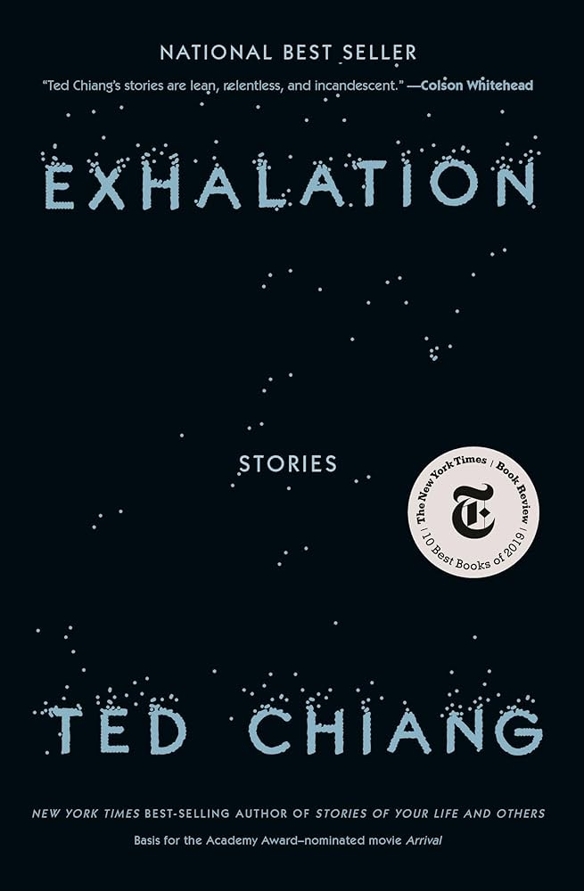 The front cover of Ted Chiang's Exhalation, showing a sparse constellation of stars. 