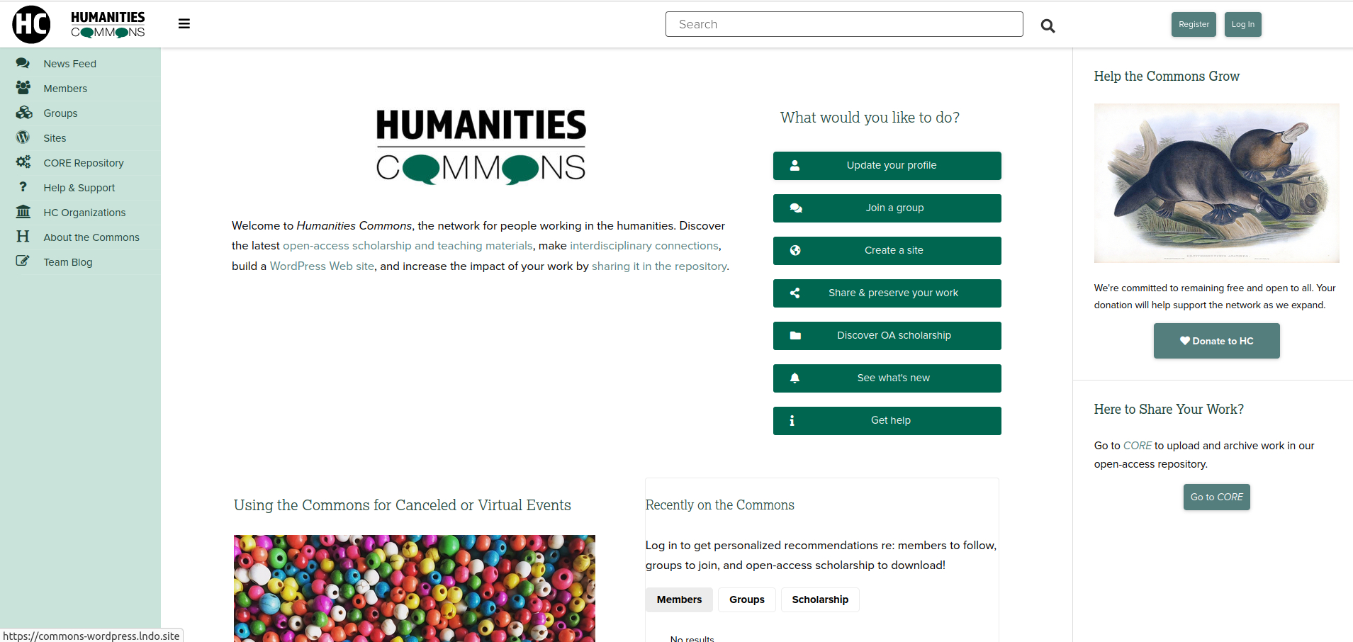 A screenshot of the Humanities Commons homepage