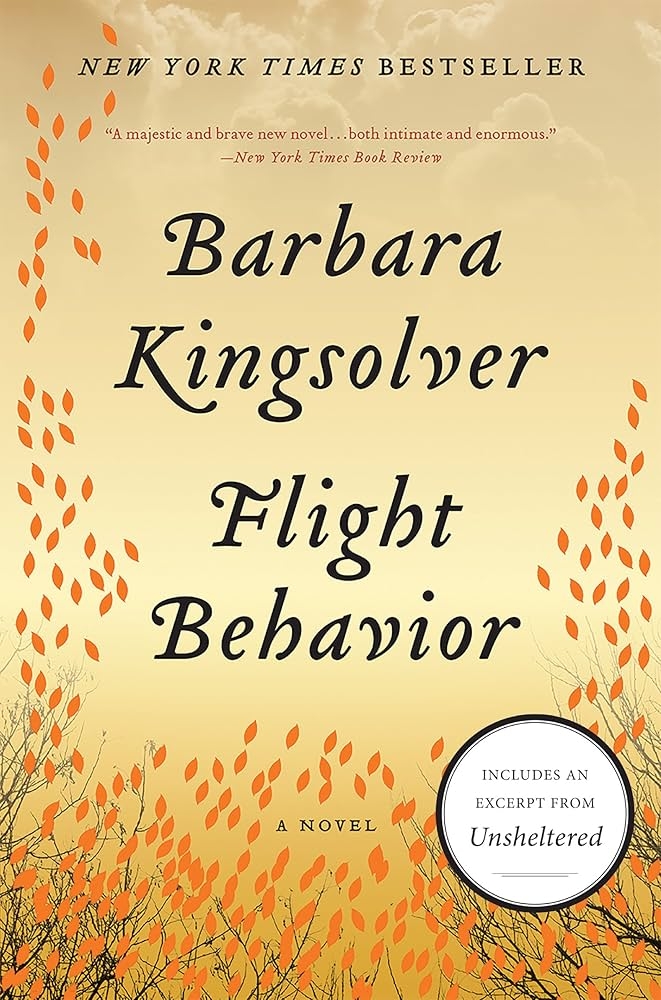 The front cover of Barbara Kingsolver's Flight Behavior. It depicts a set of orange flowers seemingly taking off up the sides of the cover. 