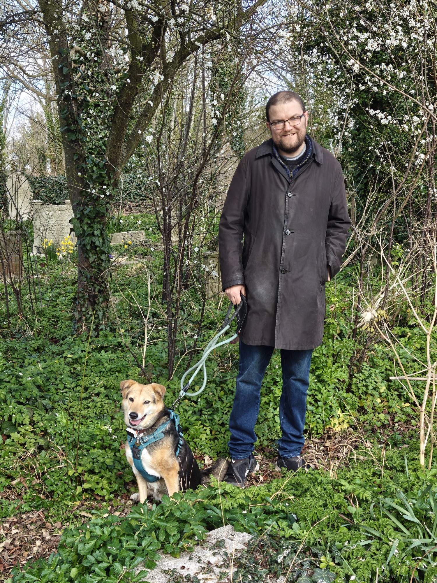 A picture of me, a 40 year old man in a black coat, with a small three legged mongrel dog called Robyn. She is brown and black with a mint coloured lead. We are in a woody space with gravestones visible in the background. 