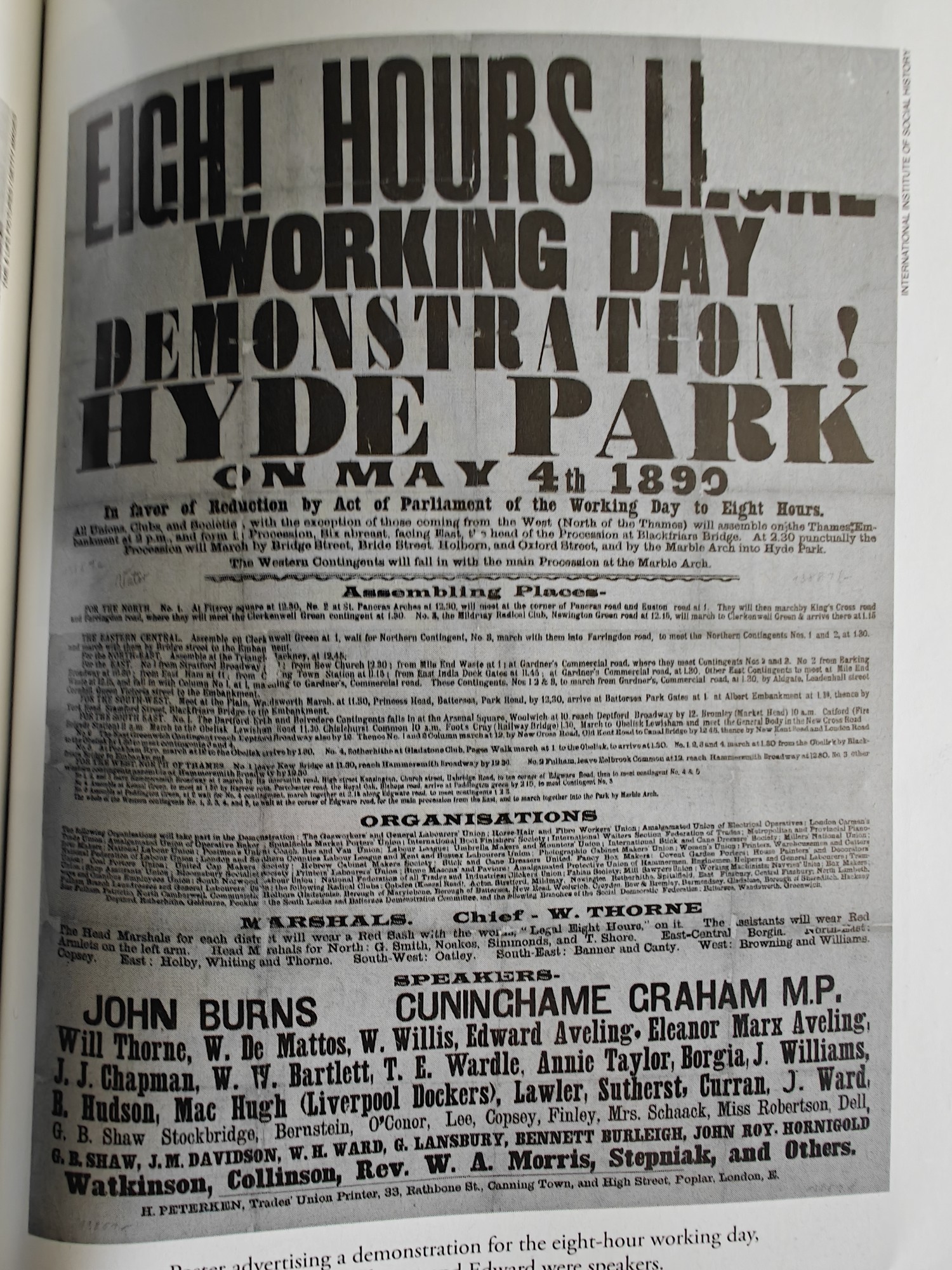 A poster for a rally to demand an eight hour workday. The rally was to be held in Hyde Park on May 4tg 1890