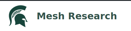 The logo of Mesh Research at MSU: a spartan helmet with green text saying "Mesh Research"