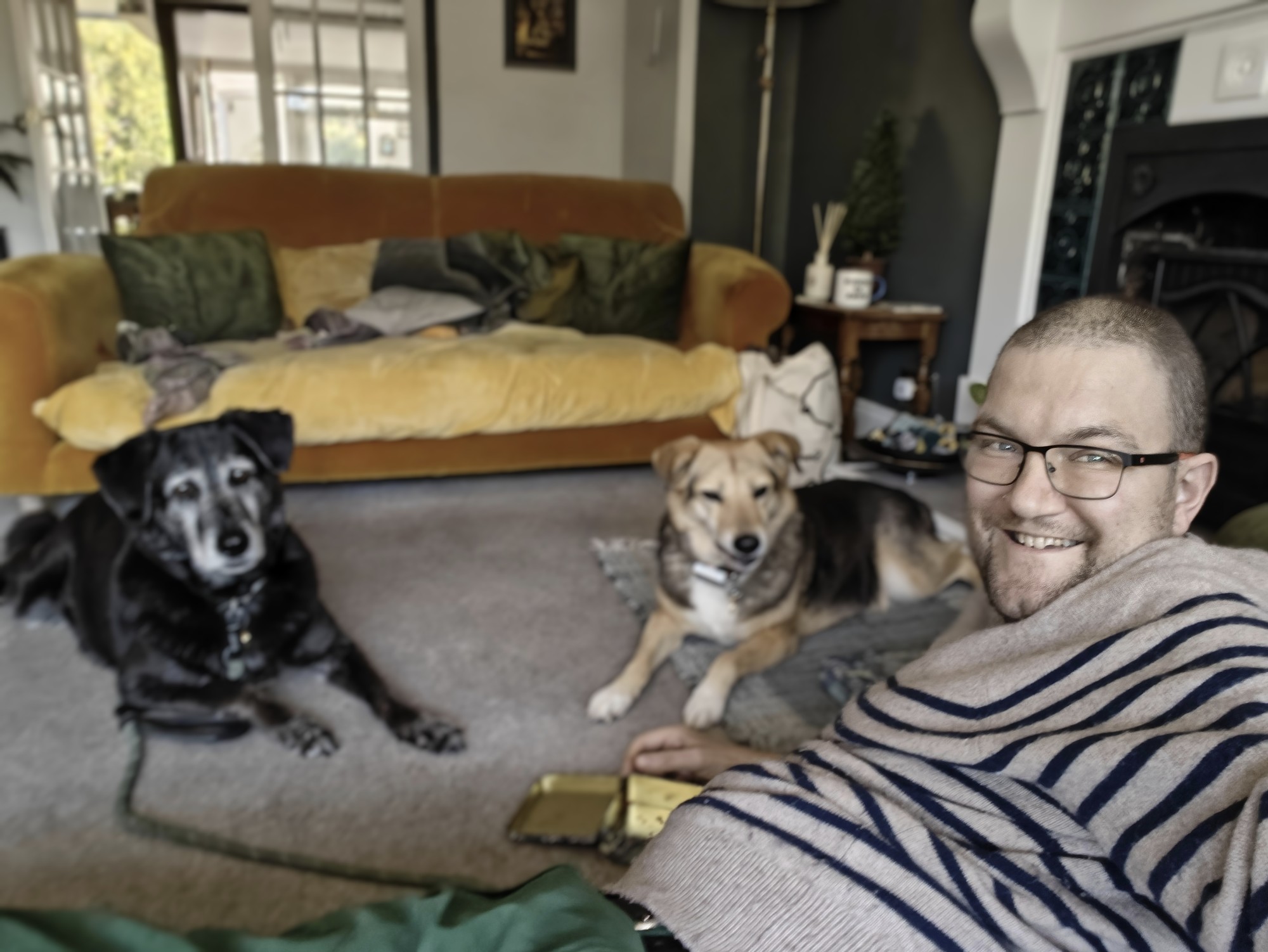 A picture of me - a 40-year-old man wearing a stripey jumper - lying on the floor with two dogs. One is large and black the other is smaller and brown and black. The black dog is looking at me. 