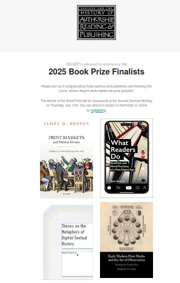 A series of book covers in the Final of the 2025 SHARP Book History Prize