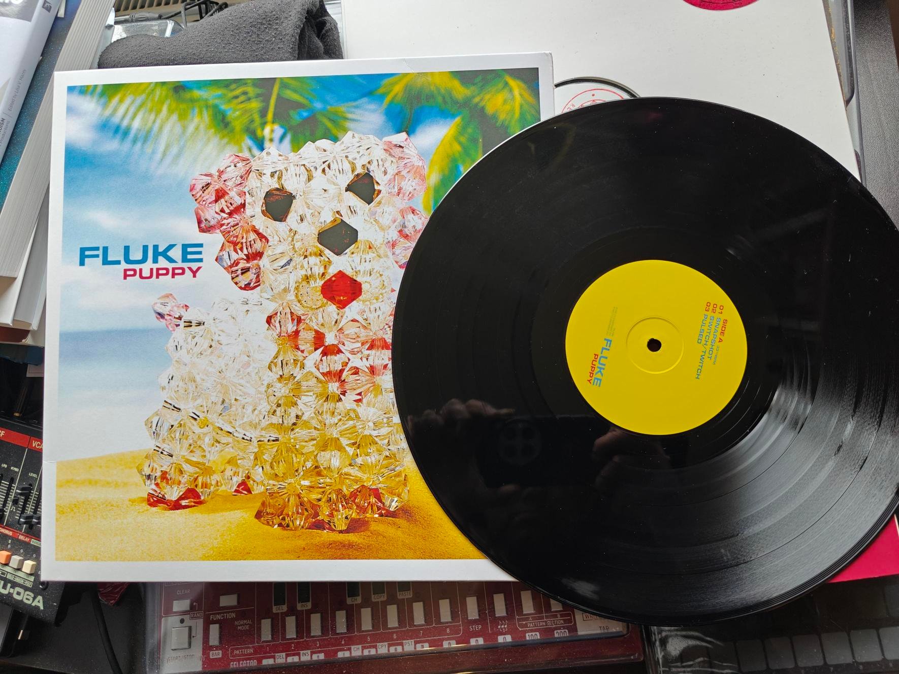 The front cover sleeve and vinyl album record of Fluke's Puppy