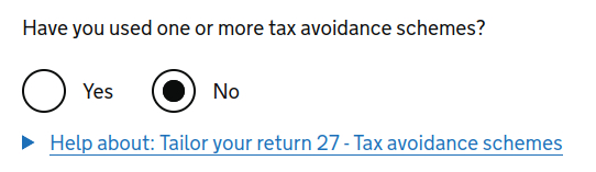 A form on the HMRC self assessment tax return service asking the user if they have used any tax avoidance schemes