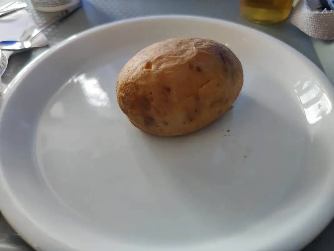 A plate featuring just a baked potato and nothing else