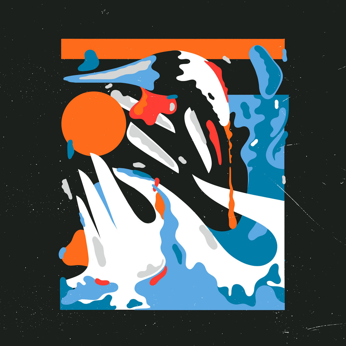 The cover to Piscolabis II (Anniversary Edition) -- an abstract painting in red blue and white.