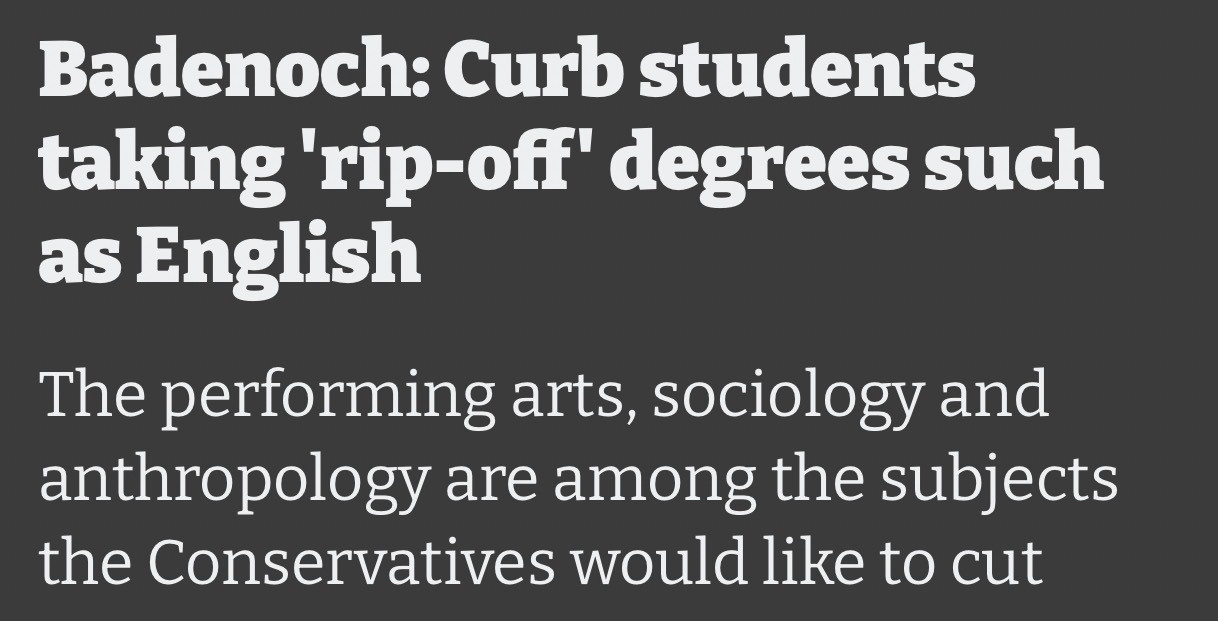 Badenoch: Curb students taking "rip-off" degrees such as English. The performing arts, sociology and anthropology are among the subjects the Conservatives would like to cut