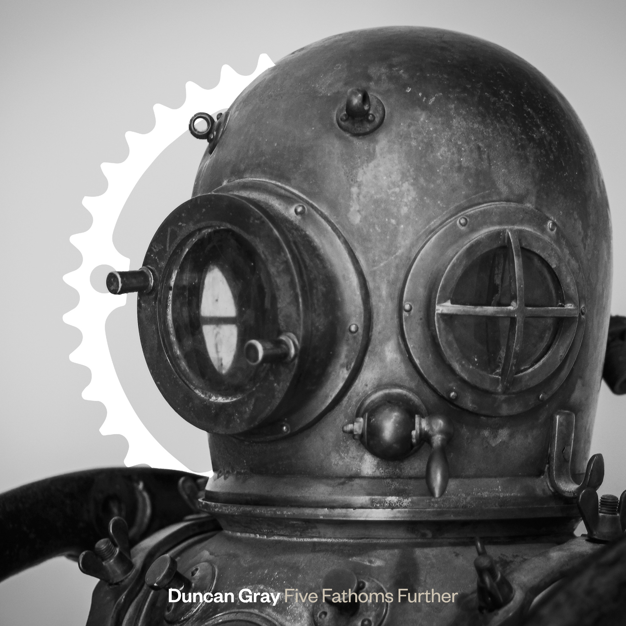 The cover to Duncan Gray - Five Fathoms Further, which features a diving helmet rotated 45 degrees.