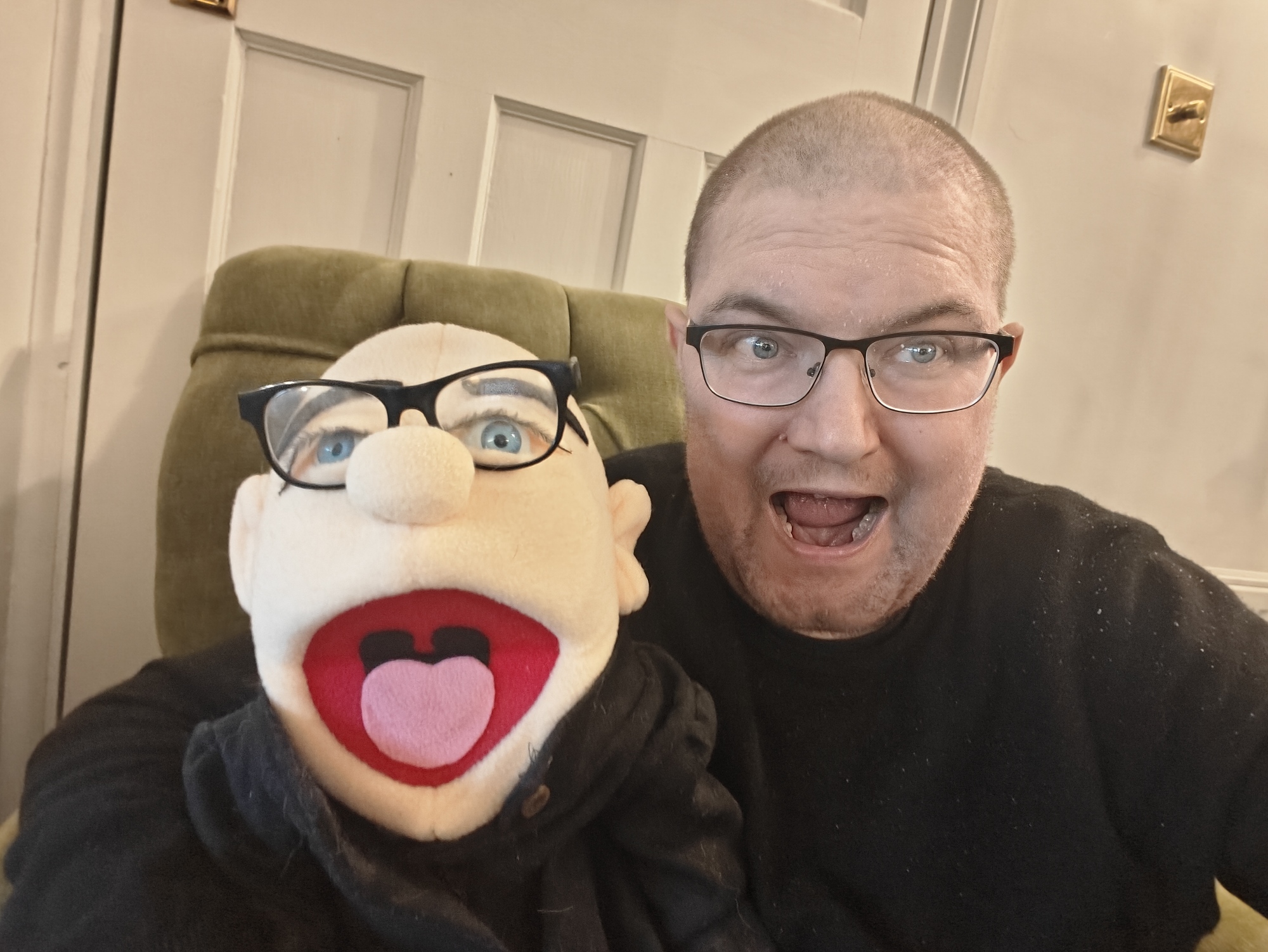 A photo of me with my Muppet puppet. 