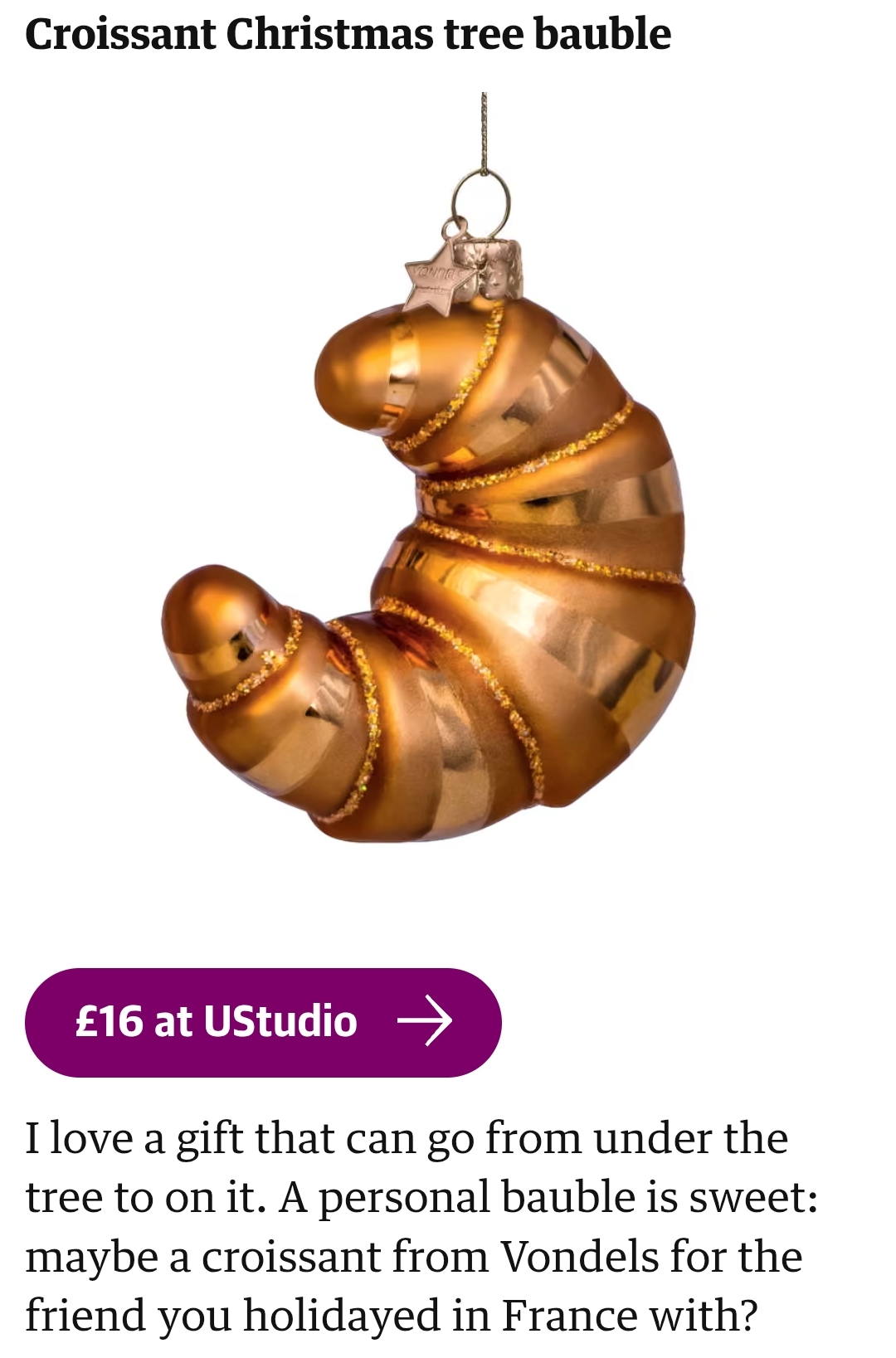 A croissant Christmas tree bauble advertised in the Guardian 