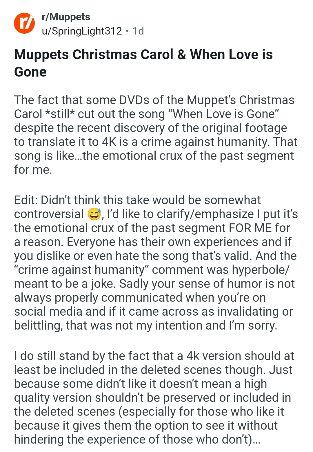 A reddit post arguing in favour of the cut song, The Love is Gone, in Muppet Christmas Carol 