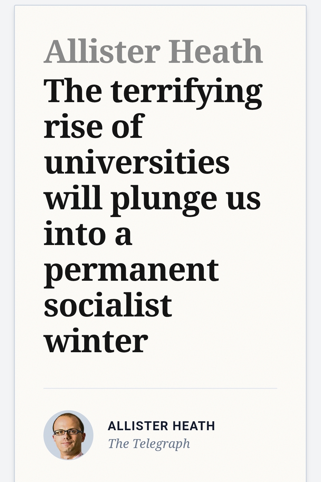 A spoof news headline that reads "The terrifying rise of universities will plunge us into a permanent socialist winter" 
