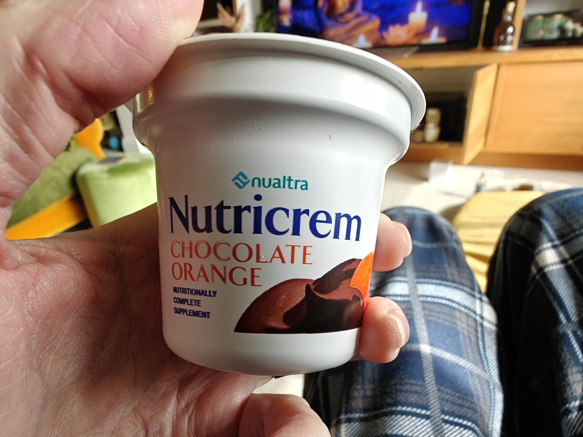A picture of a Nutricrem chocolate orange protein pudding. OK at first, but when eating 3x per day, it's grim. 