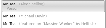 Suggestions for Mr Tea on MusicBrainz, including Mr. Tea (featured on 'Massive Wanker' by Hellfish)