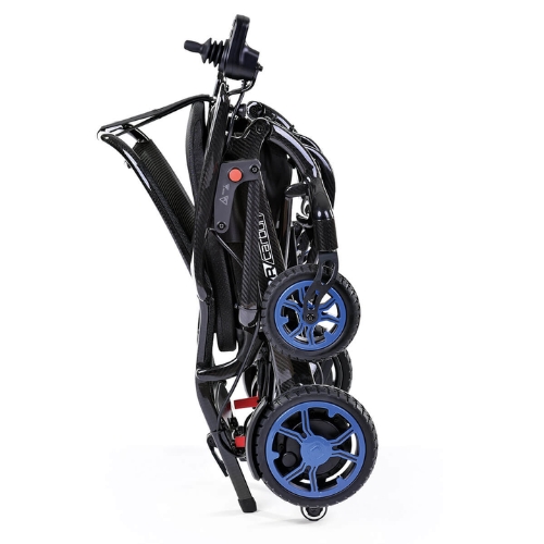 The Sunrise Medical Quickie Q50 R Carbon Comfort Folding Powerchair folded up into a neat upright package. 