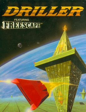 The cover art for Driller, showing a red spaceship flying past an enormous off-World drilling rig. There is a large earth-like planet in the background. 