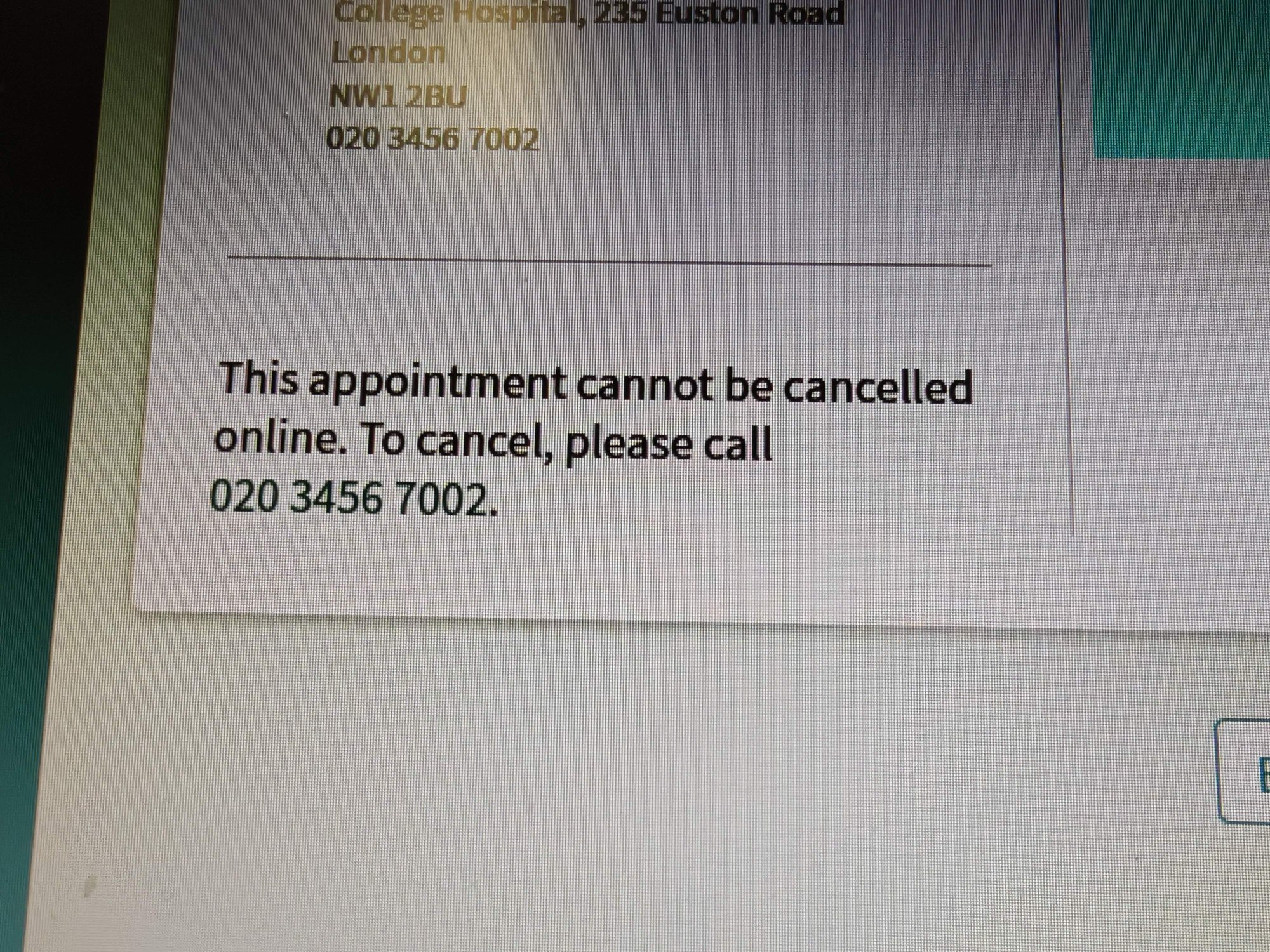 A picture saying: 'This appointment cannot be cancelled online. To cancel, please call' (followed by a phone number).