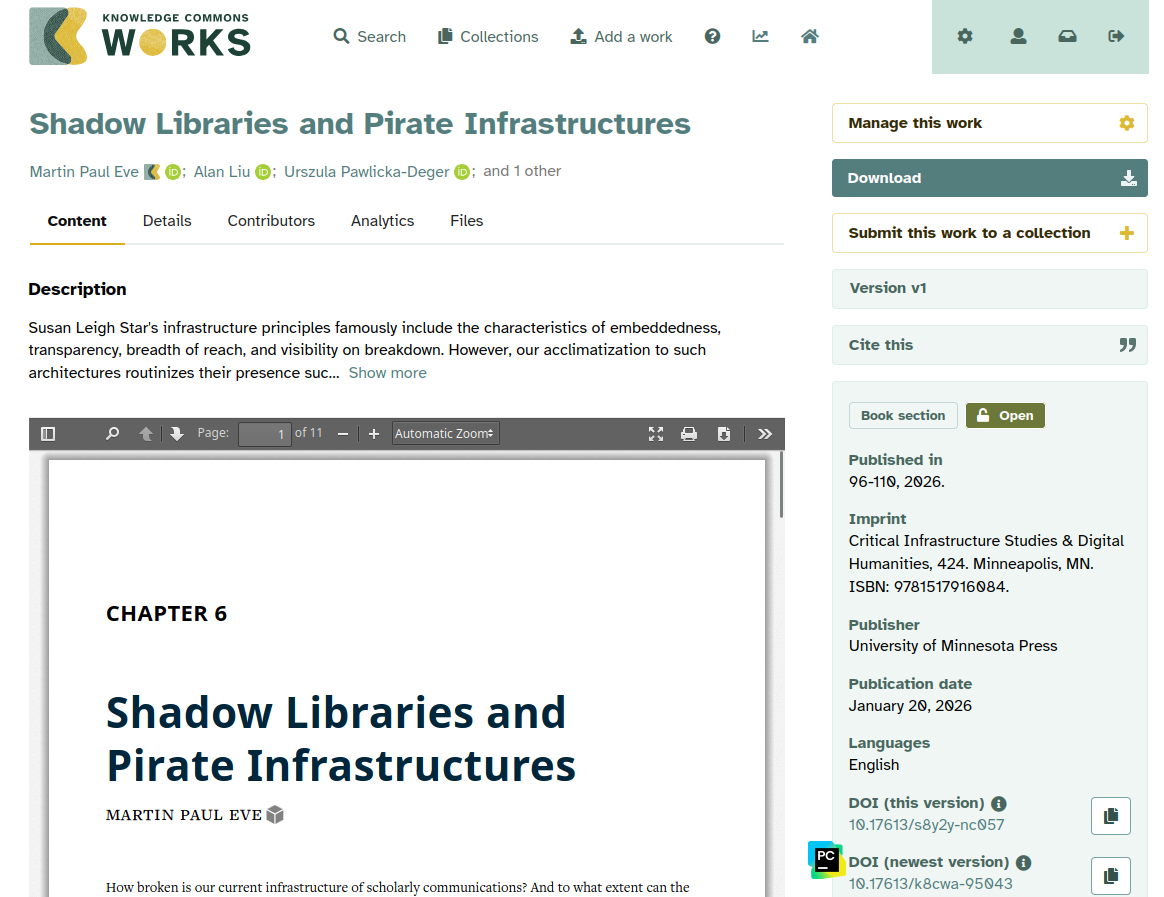 A picture of the record for Shadow Libraries and Pirate Infrastructures on the KC Works repo