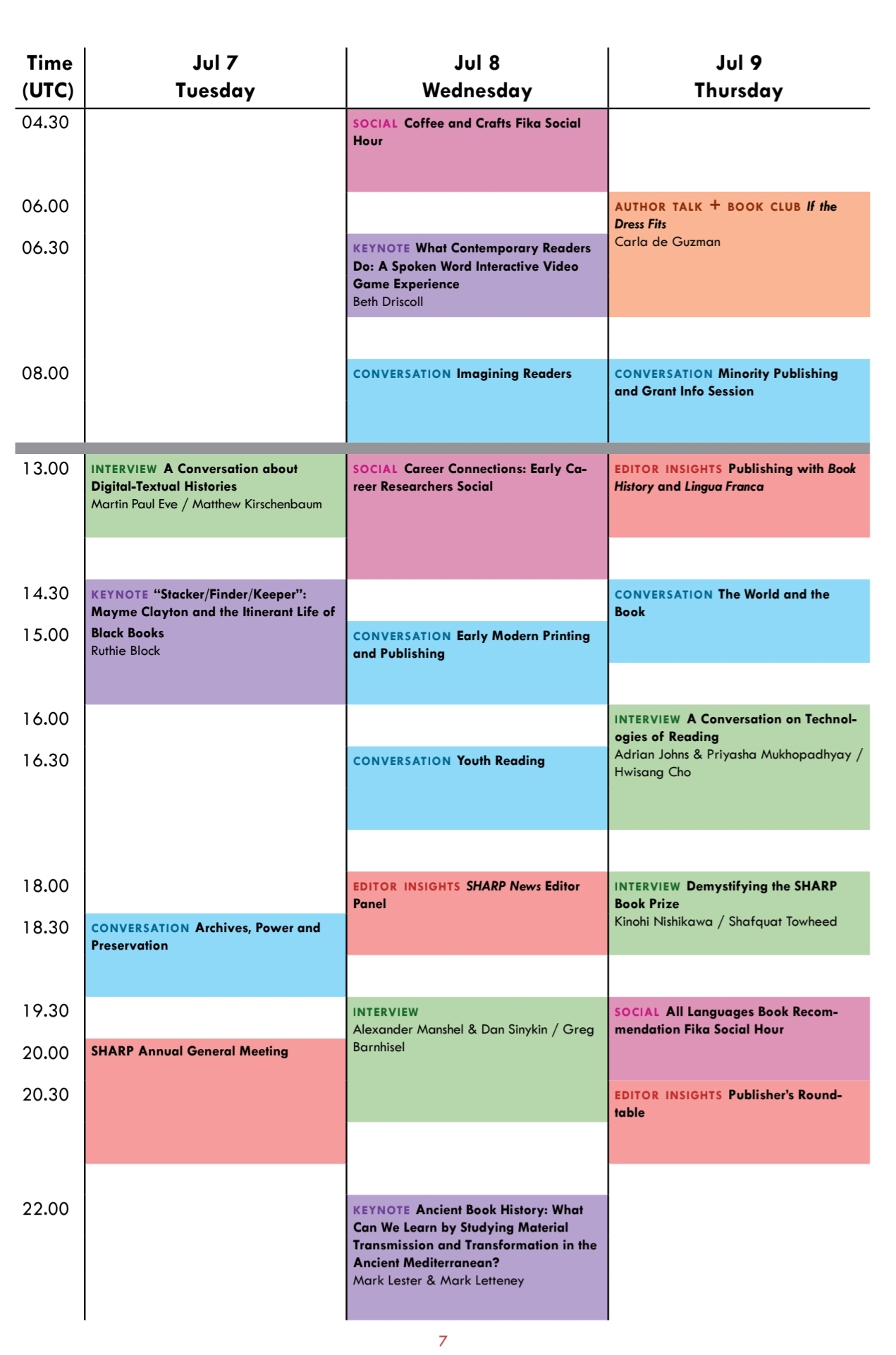 Conference programme timetable in UTC for Tuesday 7 July to Thursday 9 July. Sessions are colour-coded by type, including interviews, keynotes, conversations, editor insights, author talks, and social events. Martin Paul Eve and Matthew Kirschenbaum’s “A Conversation about Digital-Textual Histories” is scheduled for Tuesday at 13:00 UTC. Other events run from 04:30 to 22:00 UTC across the three days.