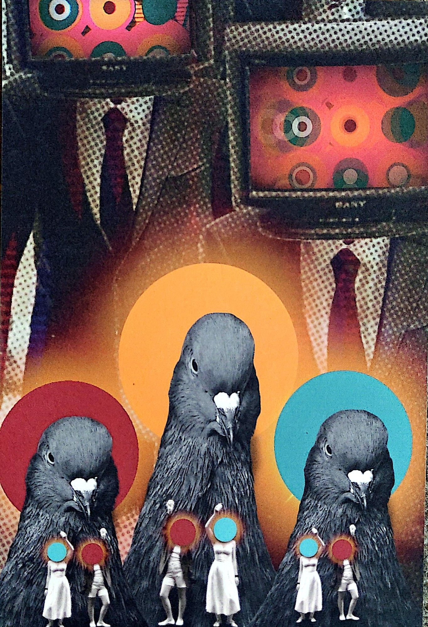 A surreal collage featuring three grey pigeons arranged like solemn portraits in the foreground, each framed by glowing coloured halos: red on the left, yellow behind the central bird, and cyan on the right. At their feet stand six tiny human figures in white clothing holding matching coloured discs aloft, echoing the halos above. The background is filled with repeating television screens displaying abstract pink-and-orange graphics with concentric circles, interspersed with headless men in dark suits and ties, creating a layered, dreamlike pattern. The palette is dominated by pinks, oranges, reds, cyan, black, and grey, combining photographic elements with graphic shapes in a surreal pop-art style.