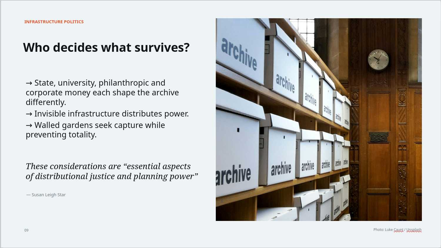 Slide on a pale blue-grey background titled “Who decides what survives?” under the orange heading “INFRASTRUCTURE POLITICS.” The left-hand text reads: “→ State, university, philanthropic and corporate money each shape the archive differently. → Invisible infrastructure distributes power. → Walled gardens seek capture while preventing totality.” Below is the quotation, “These considerations are ‘essential aspects of distributional justice and planning power’” — Susan Leigh Star. On the right is a photograph of rows of white boxes labelled “archive” on wooden shelves in an ornate, wood-panelled room, with a wall clock visible above them. Slide number 09. Photo: Luke Gaunt / Unsplash.