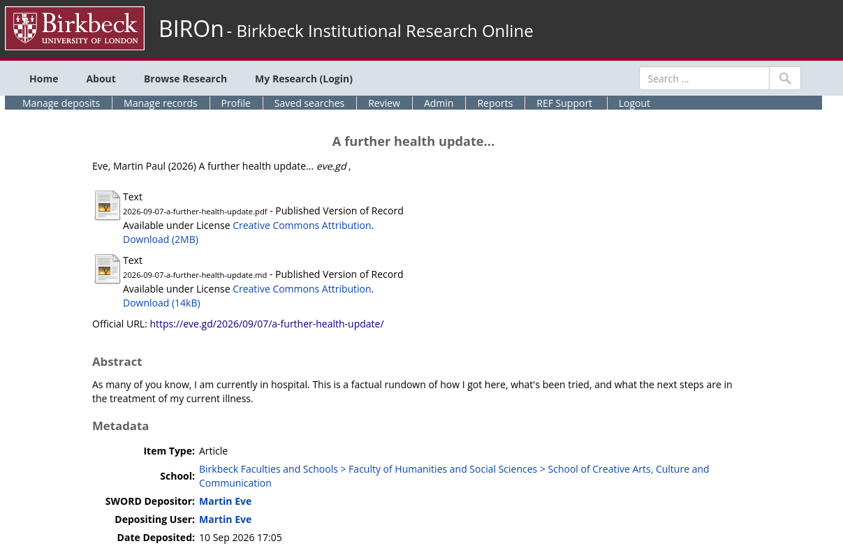 An image of my submission to BIROn called "A further health update..."