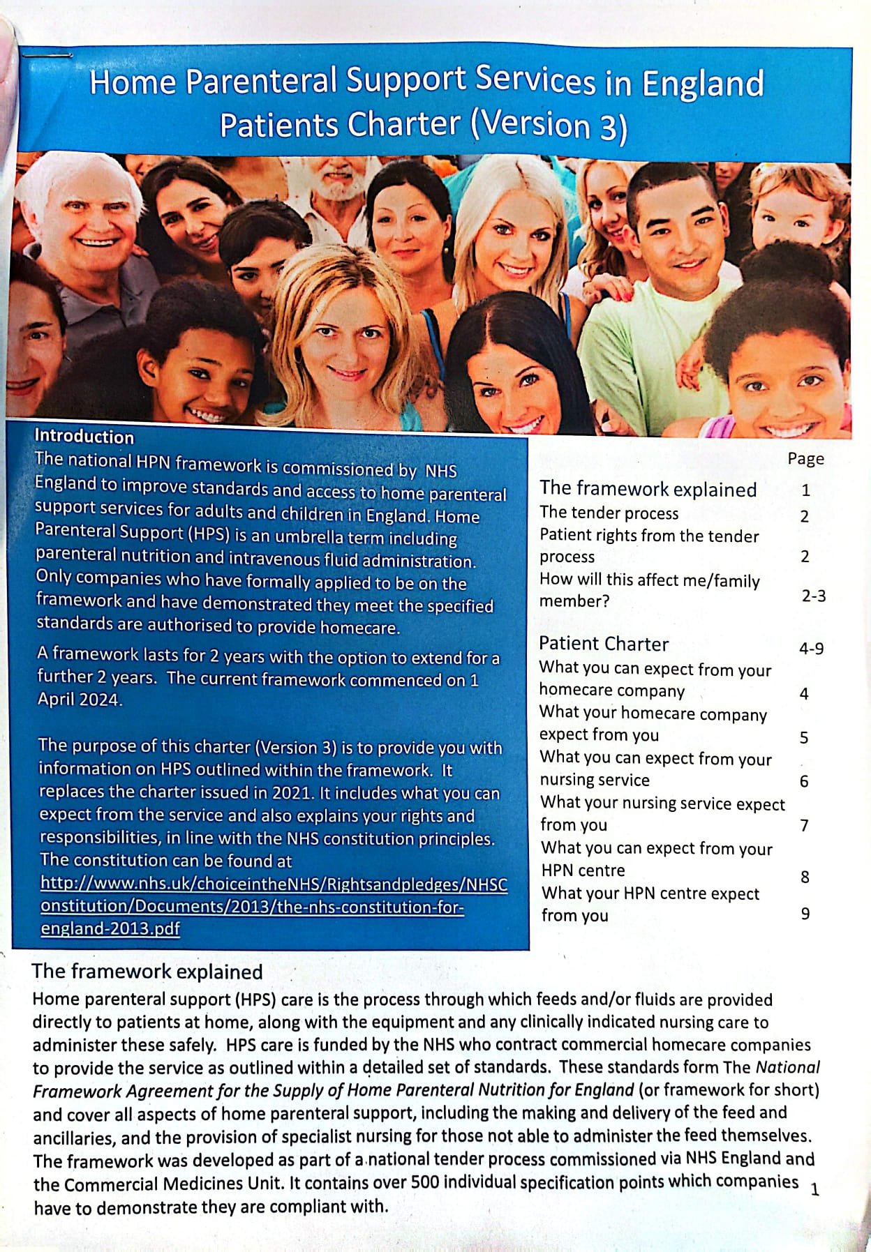 The front page of the Home Parenteral Support Services in England Patients Charter (Version 3)
