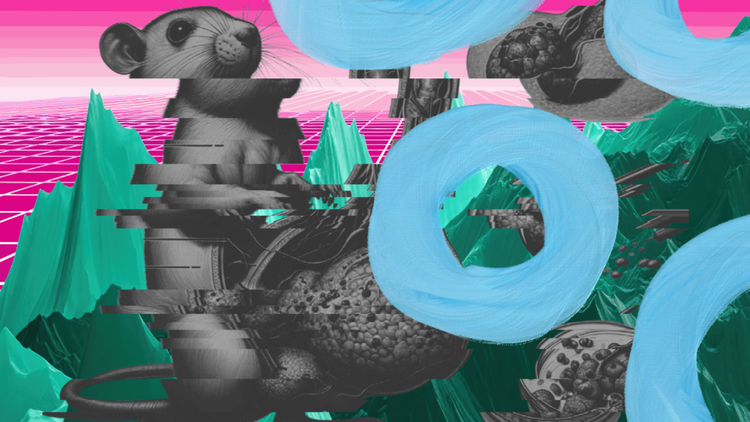 AI Paper Mills. On the left is a grey-scale version of a rat with inaccurate and oversized reproductive organs recognisable from an academic article which contained AI slop. The image has been edited to be sliced, and blue painted torus icons overlay the image. The background features a green mountainous range with a magenta tiled floor and gradient sky. 